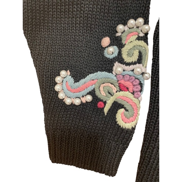 Vintage Sweater Rebecca Stone Black Pearl Embroidered Floral 90s Large - Picture 3 of 6